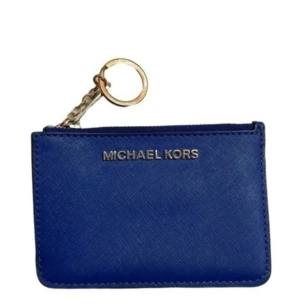 Michael Kors blue saffiano leather keyring card mini coin wallet